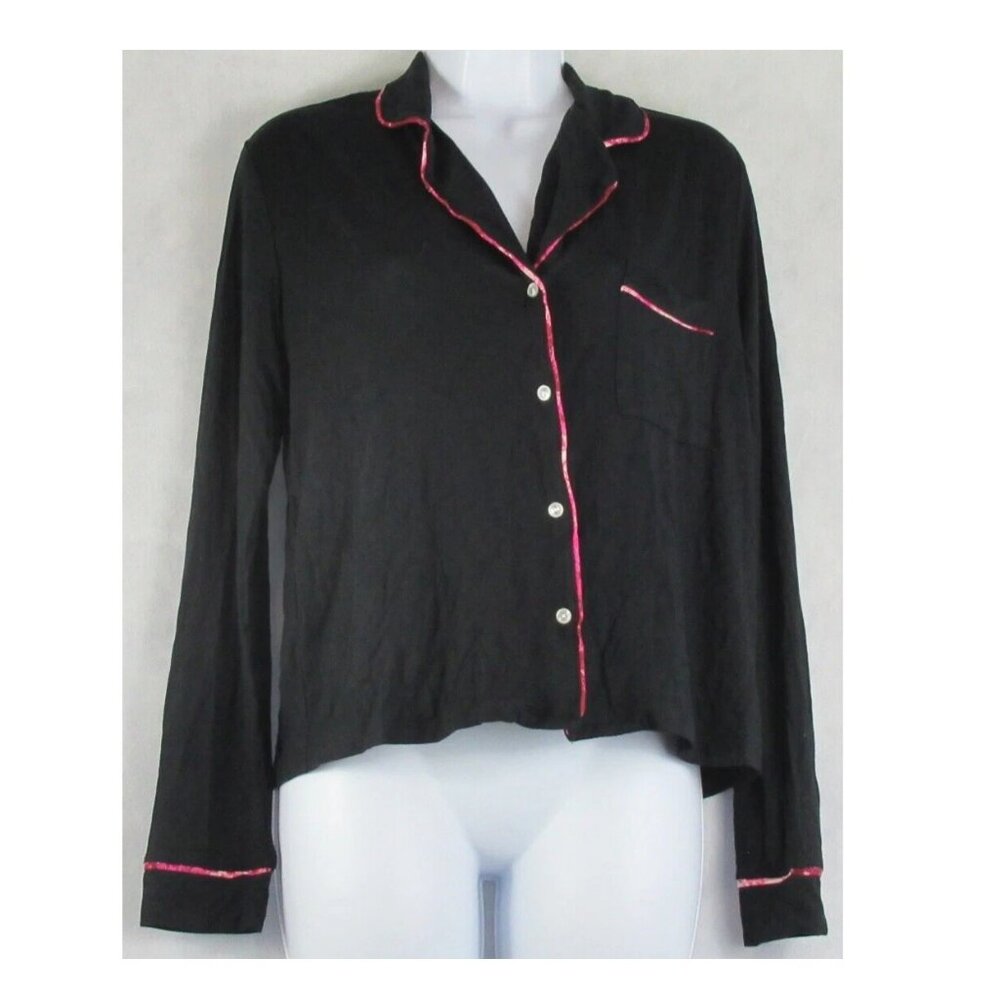 Jenni Women's Long Sleeve Soft Knit Rayon Button-Front Pajama Top, Black, XS